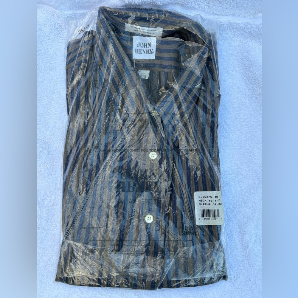 John Henry vintage men’s dress shirt blue & tan stripe 👔 size 16 1/2 32/33